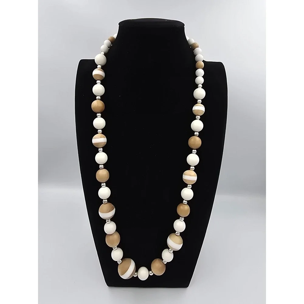 Vintage Wood & White Beaded Necklace Long Statement‎ Jewelry Silver Tone Clasp